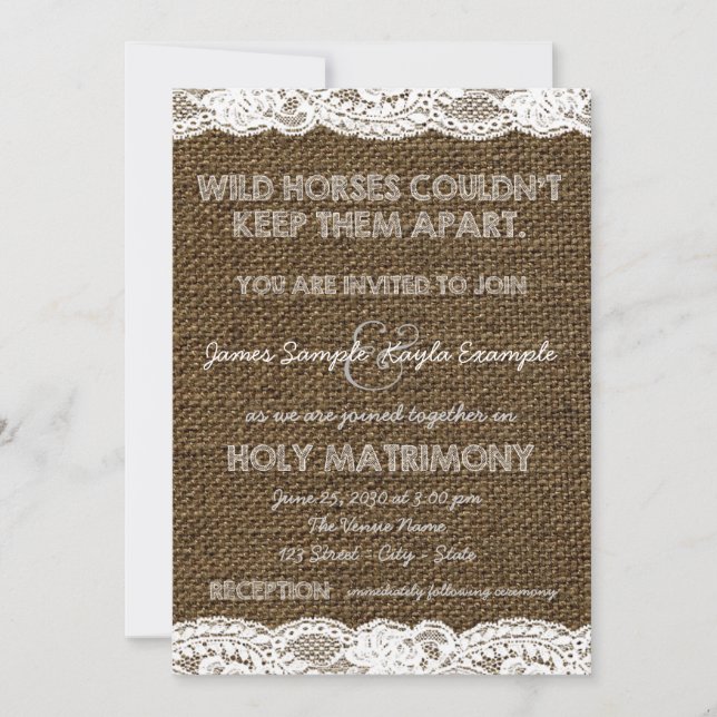 Invitación Burlap y Boda de encaje blanco (Anverso)