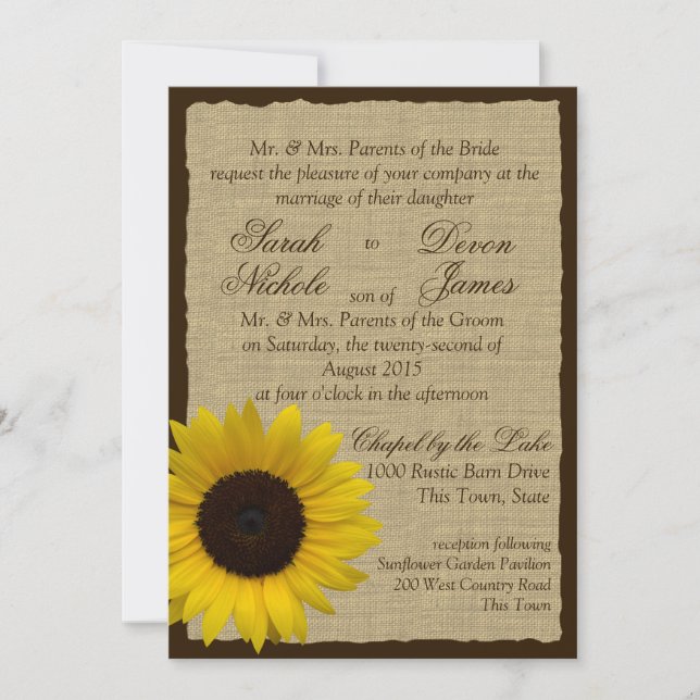 Invitación Burlap y Boda del girasol del país (Anverso)