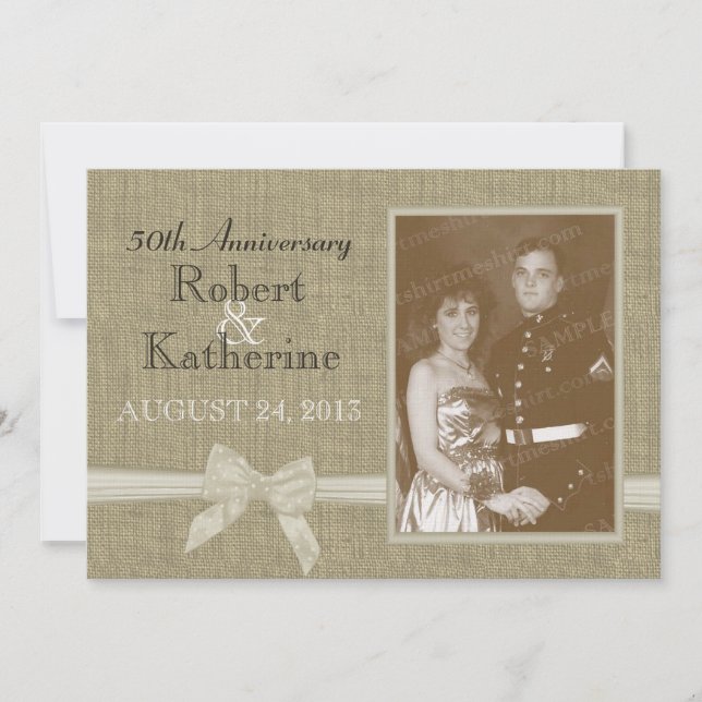 Invitación Burlap y Bow 50 Aniversario con foto (Anverso)