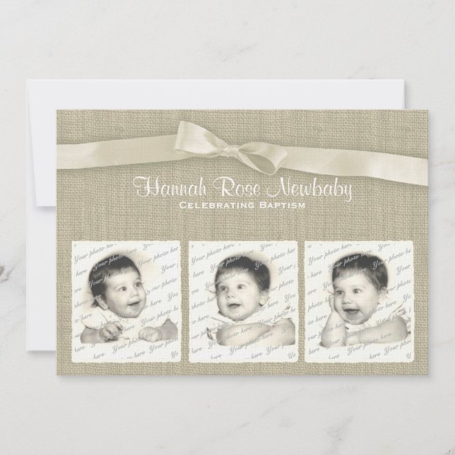 Invitación Burlap y Bow Baptism con fotos (Anverso)