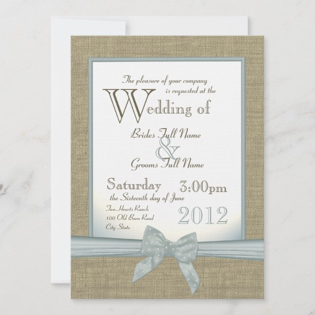 Invitación Burlap y Bow Blue Country Wedding (Anverso)