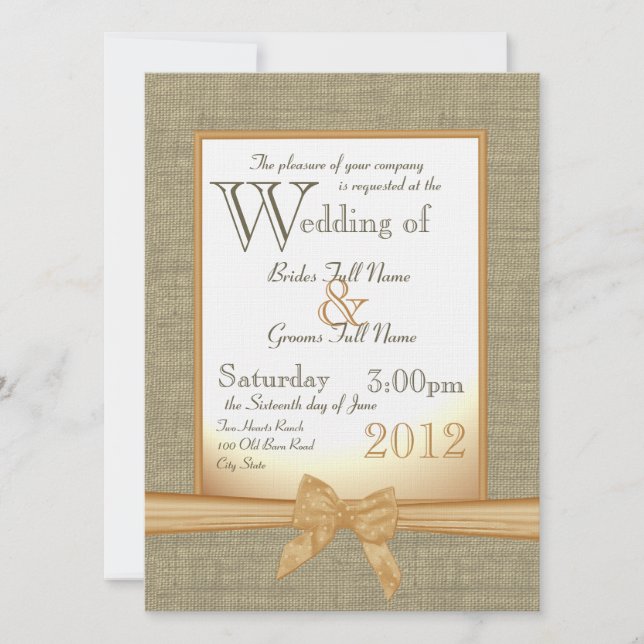Invitación Burlap y Bow Naranja Country Wedding (Anverso)