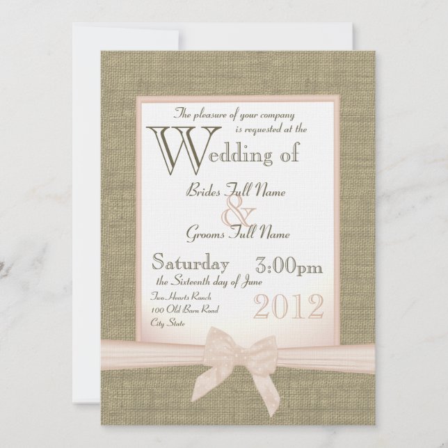 Invitación Burlap y Bow Rubor Country Wedding (Anverso)
