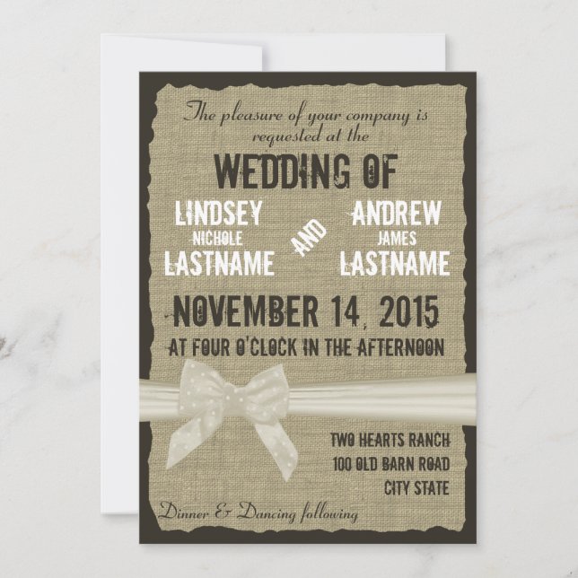 Invitación Burlap y Bow Rustic Boda Antiguo Blanco (Anverso)
