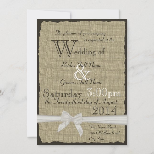 Invitación Burlap y Bows Rustic Boda (Anverso)