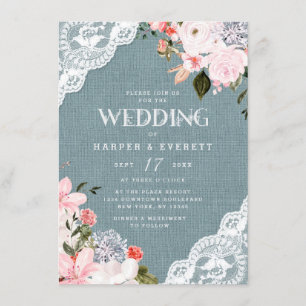 Invitación Burlap y el Boda floral azul y agitado de encaje