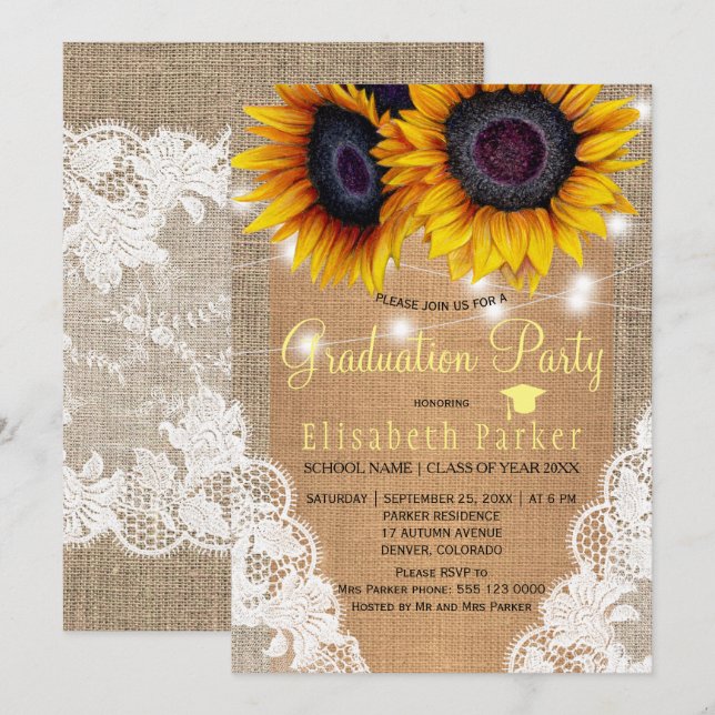 Invitación Burlap y fiesta de graduación de encaje de girasol (Anverso / Reverso)