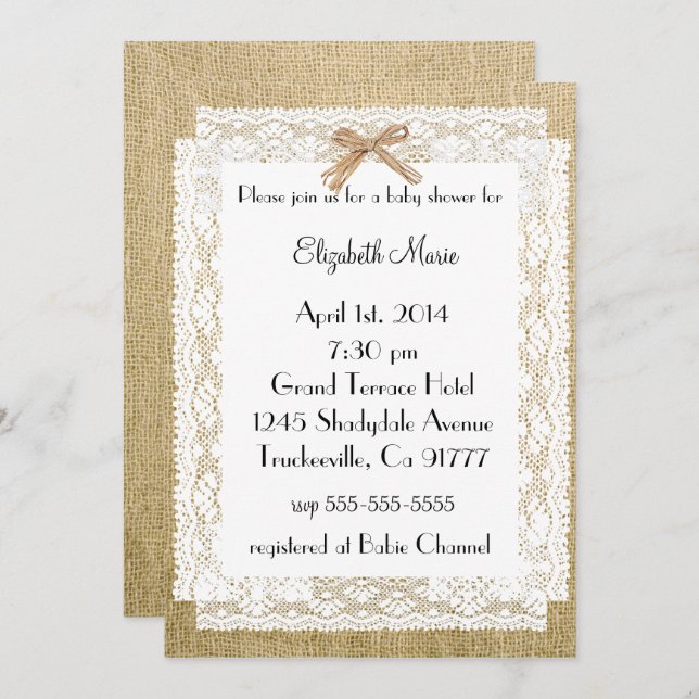 Invitación Burlap y Lace Baby Shower (Anverso / Reverso)