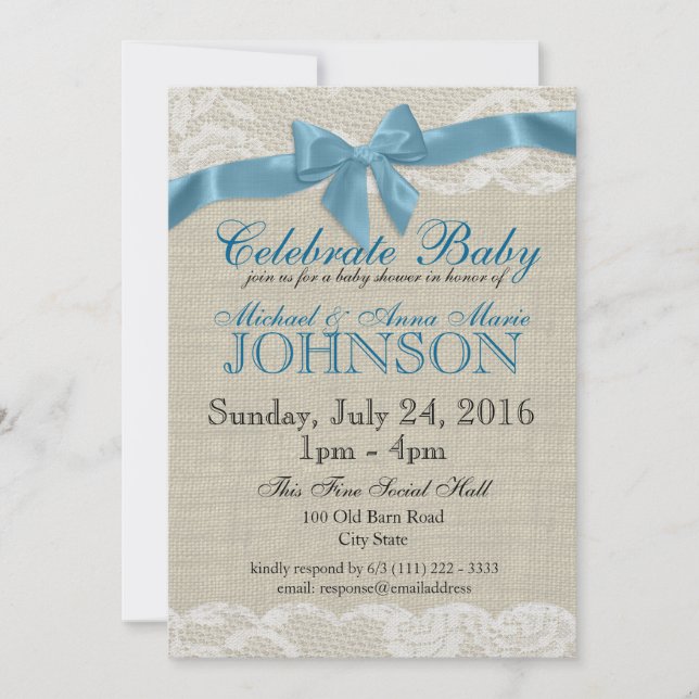 Invitación Burlap y Lace Blue Baby Shower (Anverso)