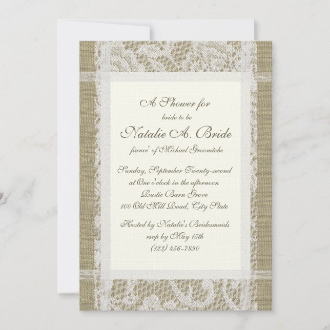 Invitación Burlap y Lace Bridal Shower (Anverso)