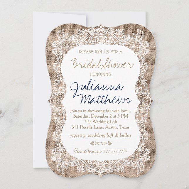 Invitación Burlap y Lace Bridal Shower Khaki (Anverso)