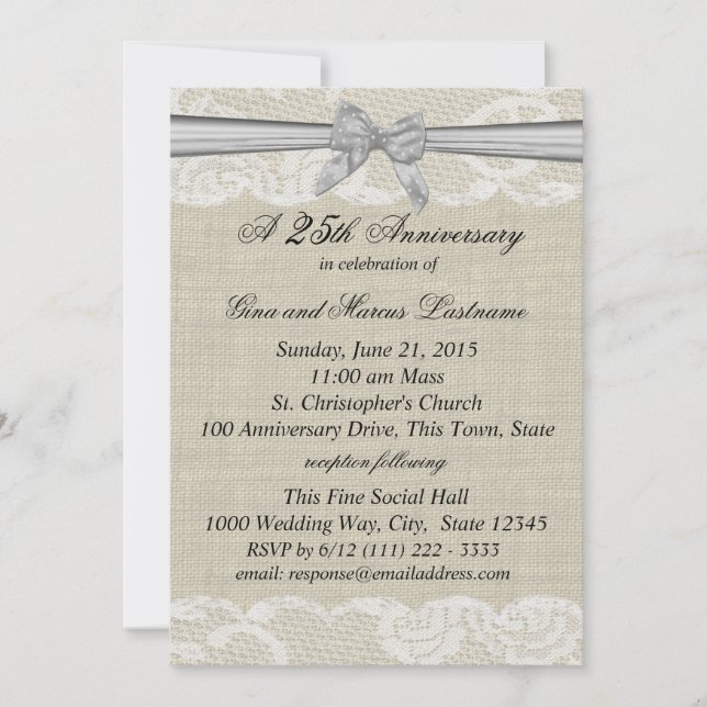 Invitación Burlap y Lace con 25 años de Silver Bow (Anverso)