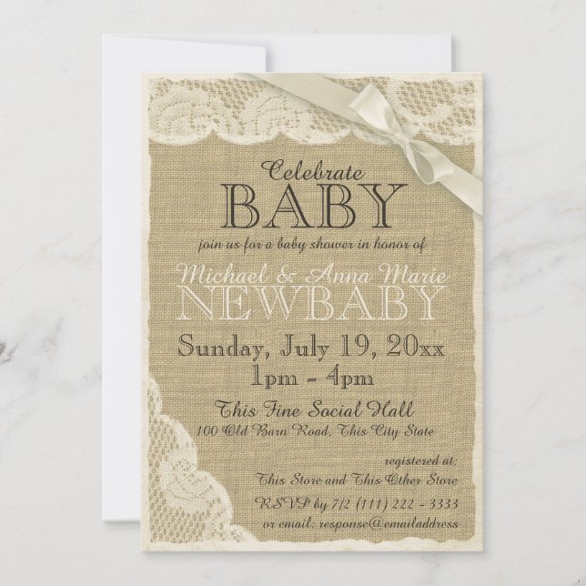 Invitación Burlap y Lace con Baby Shower Bow (Anverso)