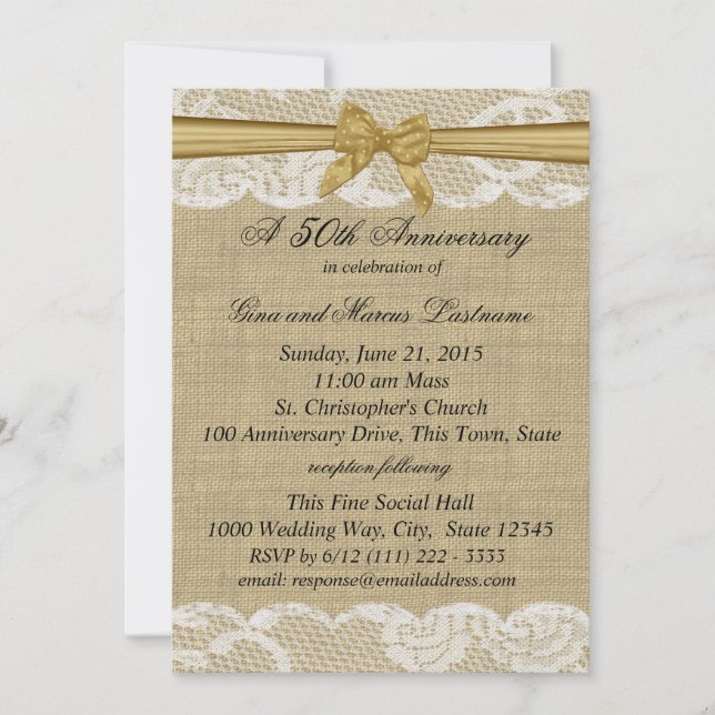 Invitación Burlap y Lace con Oro Bow 50 Aniversario (Anverso)