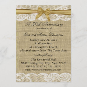 Invitación Burlap y Lace con Oro Bow 50 Aniversario