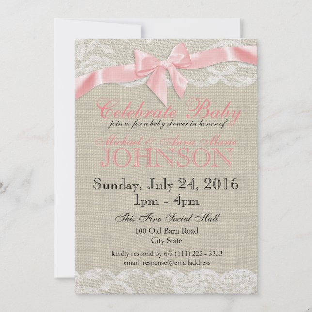 Invitación Burlap y Lace Pink Baby Shower (Anverso)