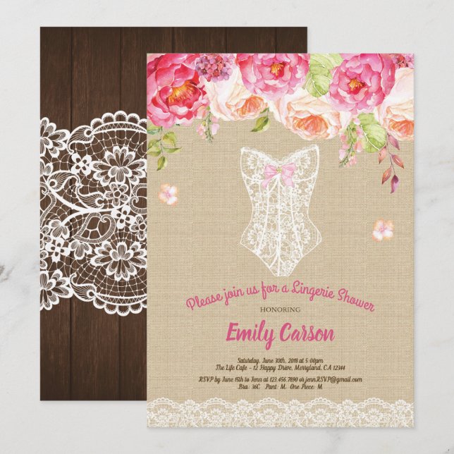 Invitación Burlap y lace pink lencería ducha fiesta de novias (Anverso / Reverso)