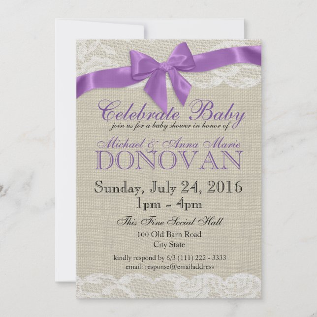 Invitación Burlap y Lace Purple Baby Shower (Anverso)