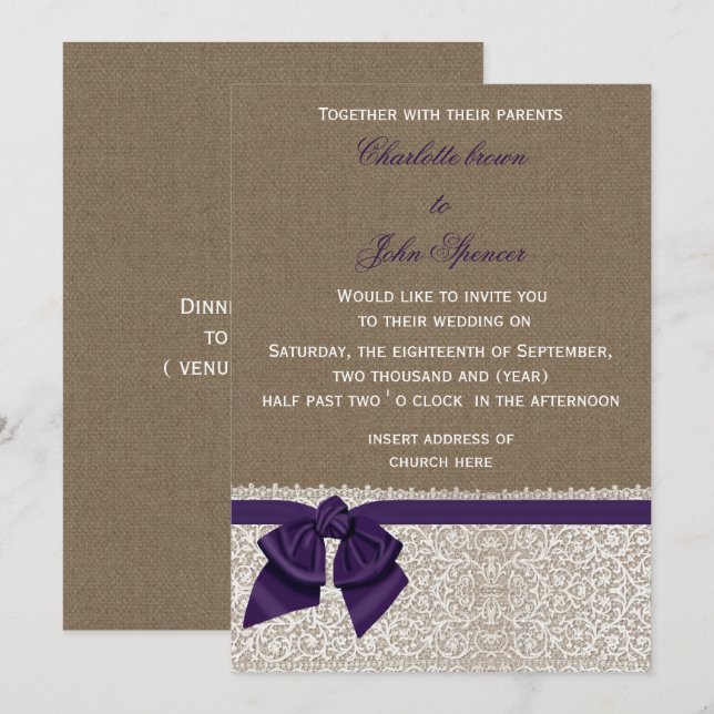 Invitación Burlap y Lace Purple Boda (Anverso / Reverso)