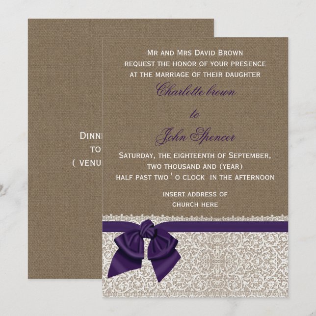 Invitación Burlap y Lace Purple Boda (Anverso / Reverso)