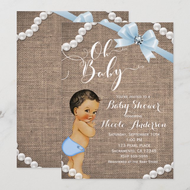 Invitación Burlap y Pearls Blue Bow Brunette Tan Baby Shower (Anverso / Reverso)