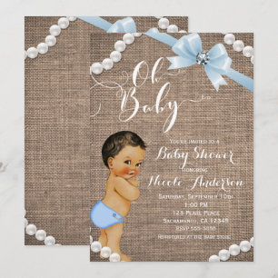 Invitación Burlap y Pearls Blue Bow Brunette Tan Baby Shower