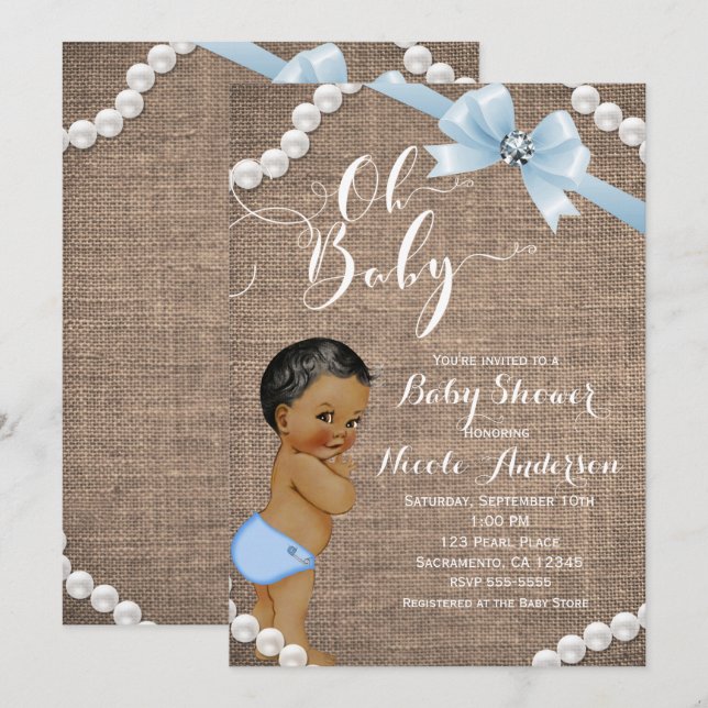Invitación Burlap y Pearls Blue Bow Ethnic Baby Boy Shower (Anverso / Reverso)