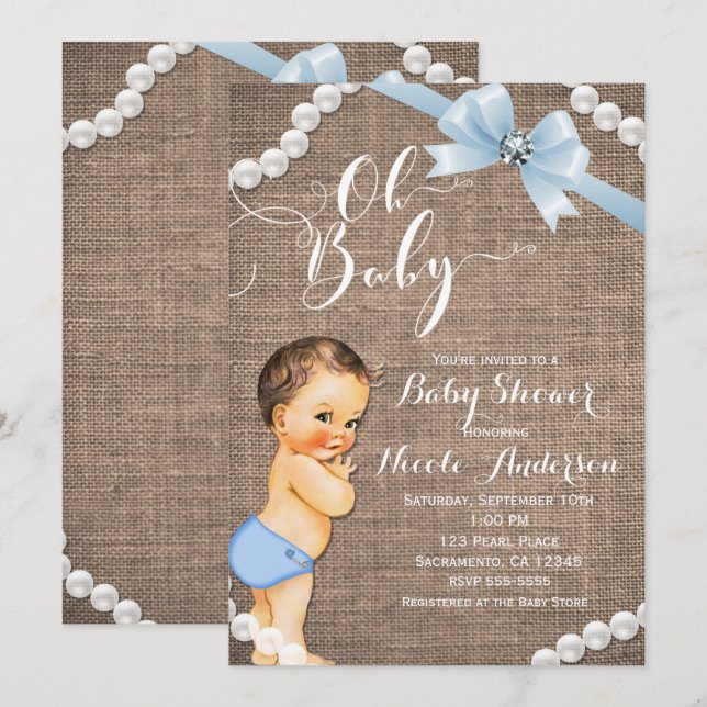 Invitación Burlap y Perlas Arco Azul Niño Moreno Shower de Ba (Anverso / Reverso)