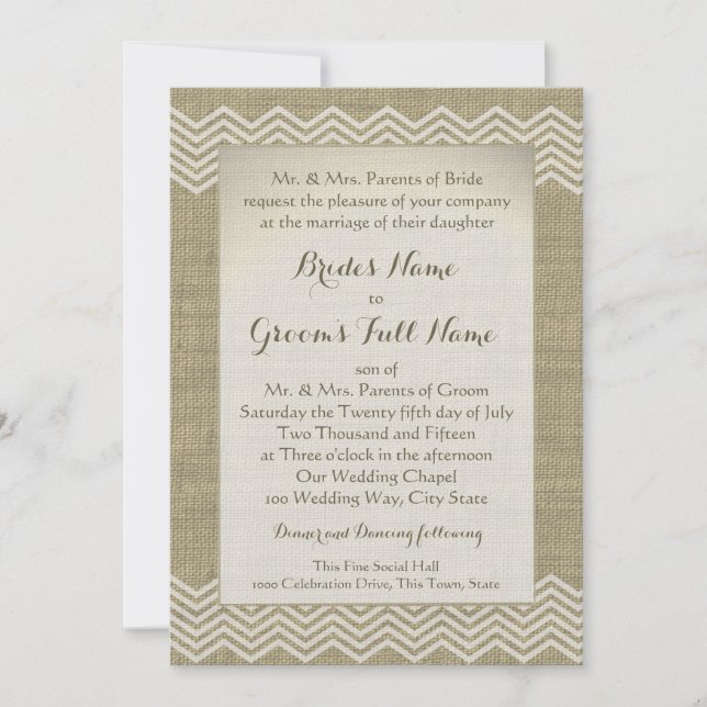 Invitación Burlap Zigzag Pattern Boda (Anverso)