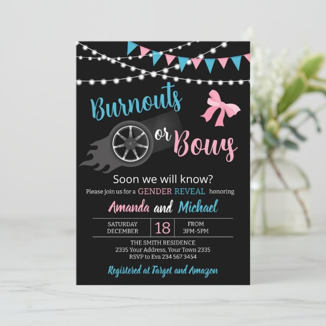 Invitación Burnouts or bows Gender Reveal Party (Anverso de pie)