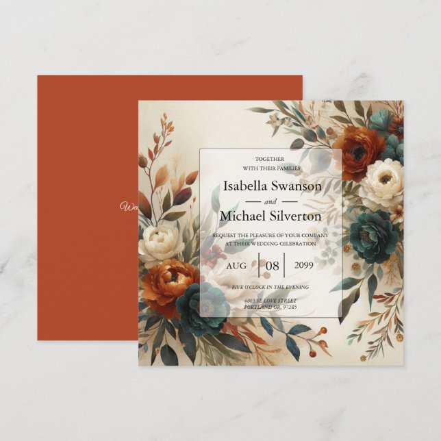Invitación Burnt Orange and Blue Fall Flowers Wedding  (Anverso / Reverso)