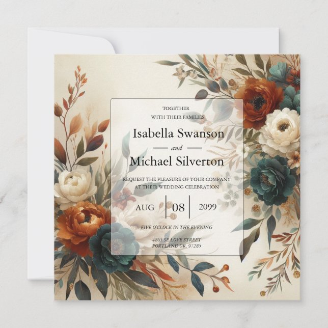 Invitación Burnt Orange and Blue Fall Flowers Wedding  (Anverso)
