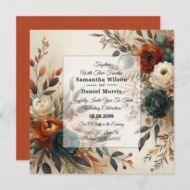 Invitación Burnt Orange and Blue Fall Flowers Wedding (Anverso / Reverso)