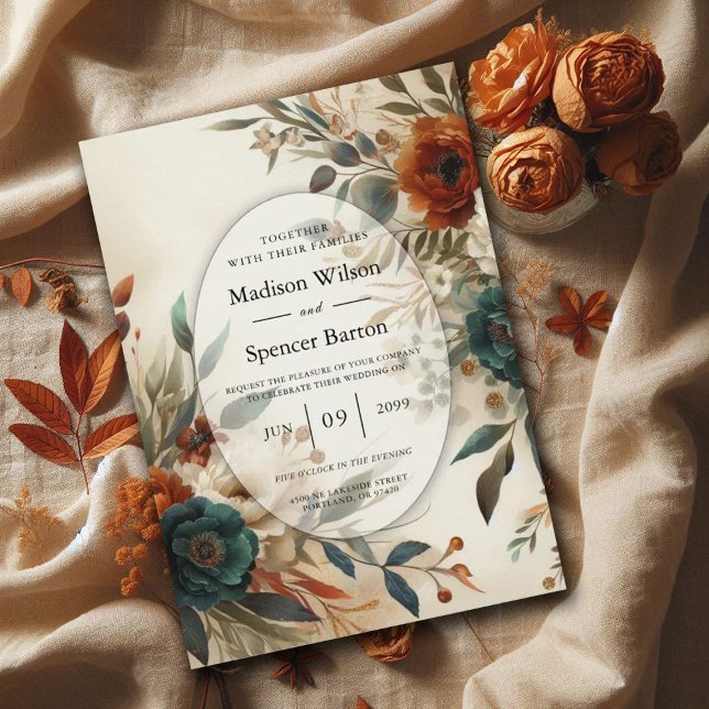 Invitación Burnt Orange and Blue Fall Flowers Wedding  (Subido por el creador)