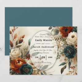 Invitación Burnt Orange and Blue Fall Flowers Wedding 