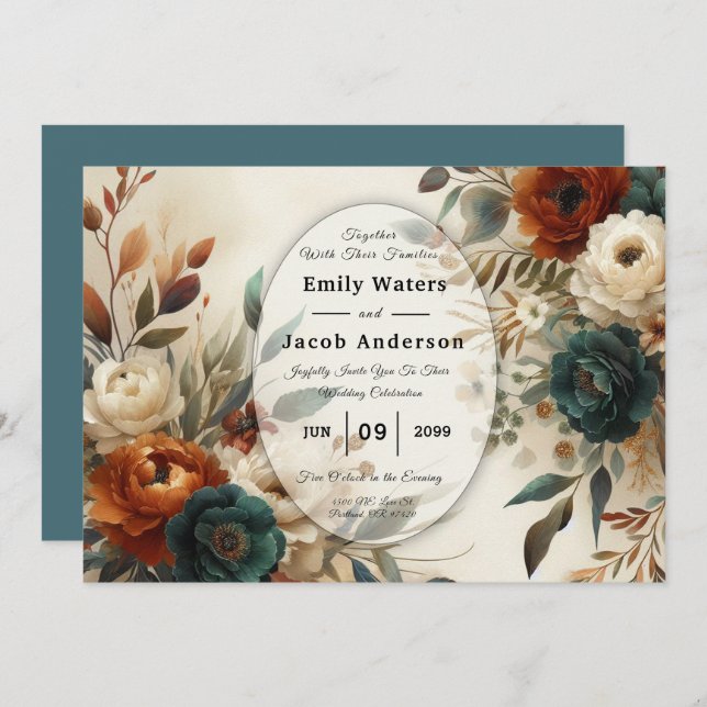 Invitación Burnt Orange and Blue Fall Flowers Wedding  (Anverso / Reverso)