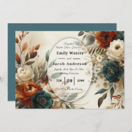 Invitación Burnt Orange and Blue Fall Flowers Wedding