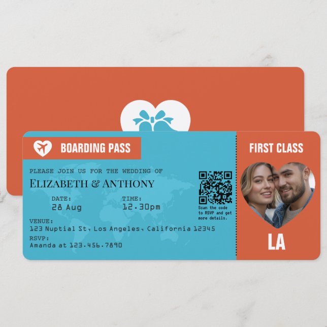 Invitación Burnt Orange & Aqua Blue Boarding Pass Wedding (Anverso / Reverso)