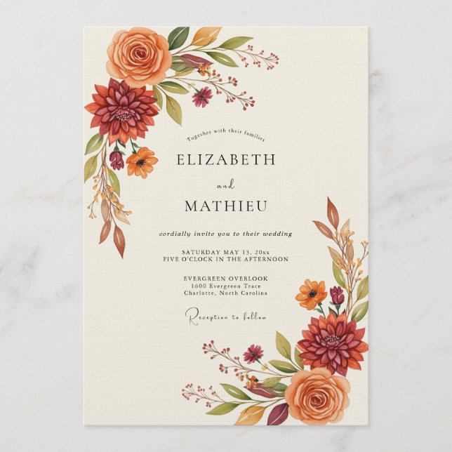 Invitación Burnt Orange Autumn Floral Wedding (Anverso)