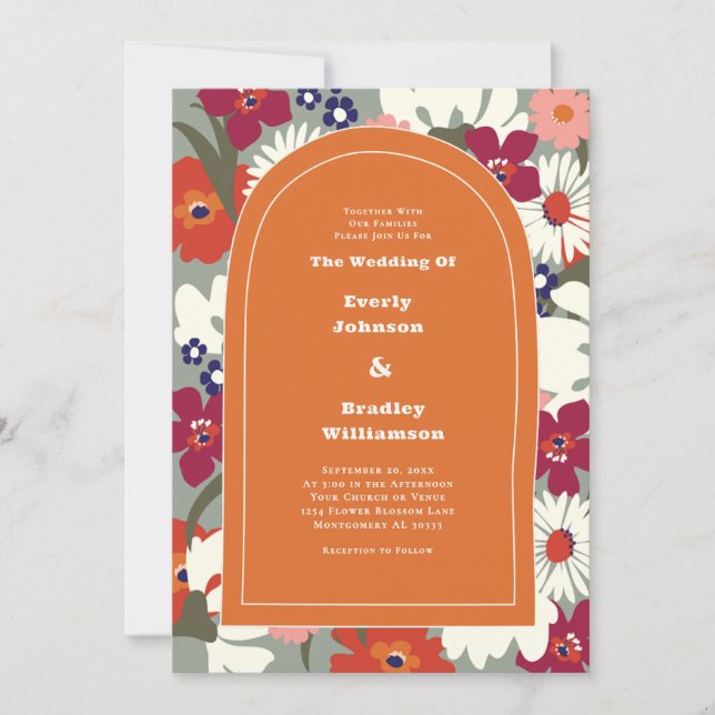 Invitación Burnt Orange Bold Floral Boho Chic Retro Wedding (Anverso)