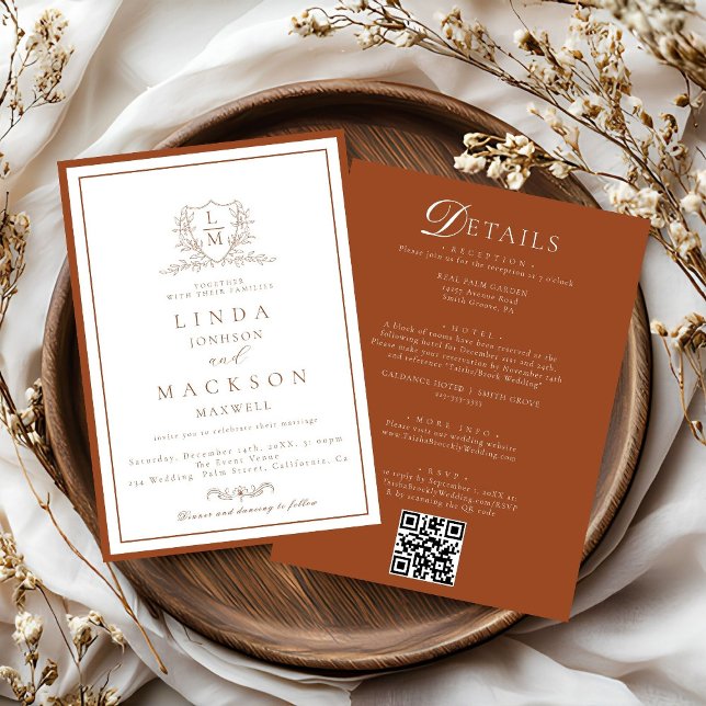 Invitación Burnt Orange botanical crest All in one wedding  (Subido por el creador)
