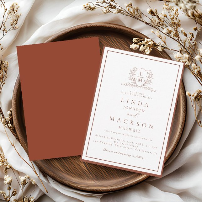 Invitación Burnt Orange botanical crest monogram wedding (Subido por el creador)