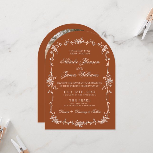 Invitación Burnt Orange Floral Boho Terracotta Arched Wedding (Anverso/Reverso In Situ)