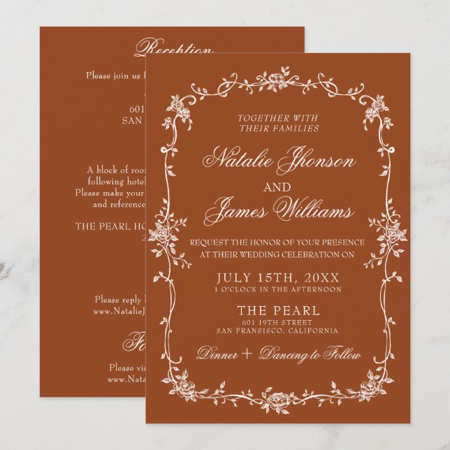 Invitación Burnt Orange Floral Terracotta All In One Wedding (Anverso / Reverso)