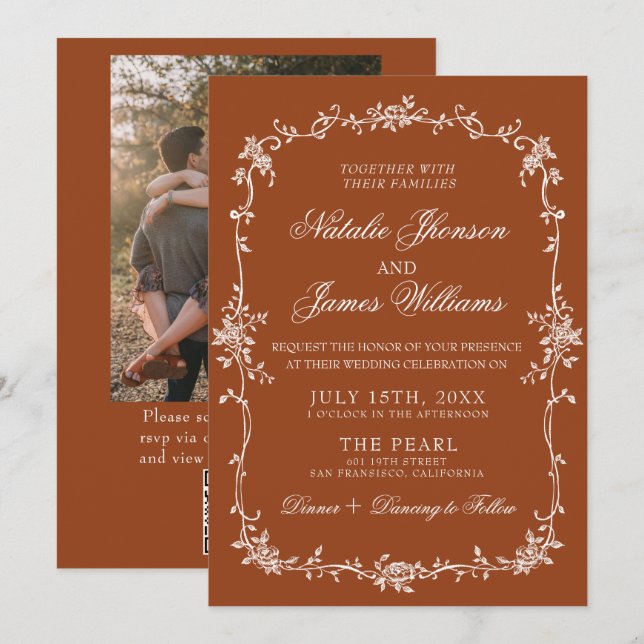 Invitación Burnt Orange Floral Terracotta QR Code Wedding (Anverso / Reverso)