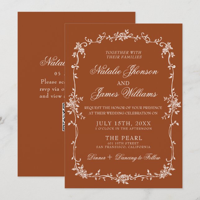 Invitación Burnt Orange Floral Terracotta QR Code Wedding (Anverso / Reverso)