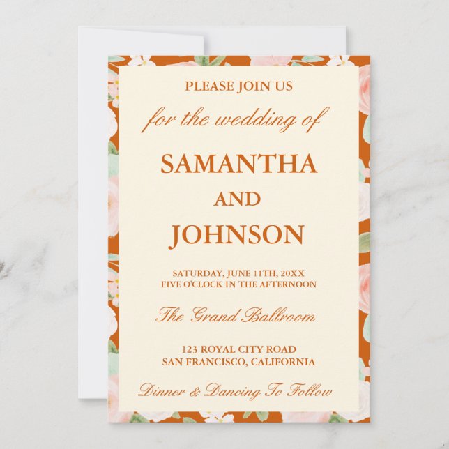 Invitación Burnt Orange Ivory Floral Monogram Photo Wedding (Anverso)