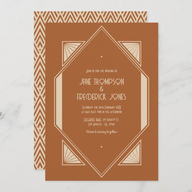 Invitación Burnt Sienna & Desert Taupe Art Deco Wedding Photo (Anverso / Reverso)