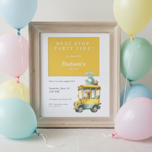 Invitación Bus Birthday Invitation • Kids Party (Yellow bus birthday invitation in wooden frame with pastel balloons on light wall.)