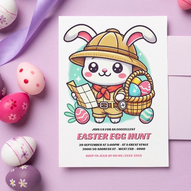 Invitación Buscador de huevos de Pascua de conejito lindo (Invite friends and family to an eggcellent Easter egg hunt with this adorable invitation!)